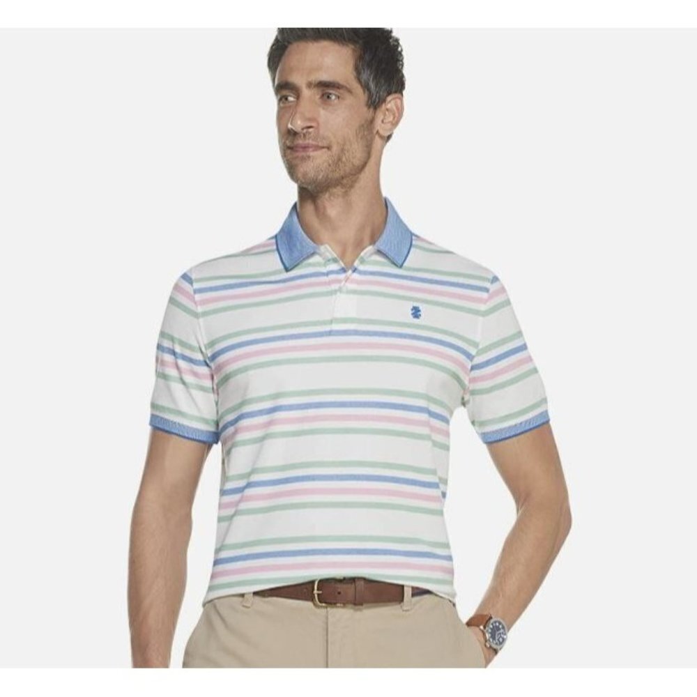 NEW! IZOD Advantage Pastel Stripe White Short Sleeve Polo Shirt Men's Size XL